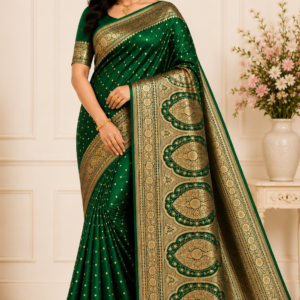 Premium Green Banarasi Silk Golden Print শাড়ি Green – Elegant Golden Design ও Traditional Border
