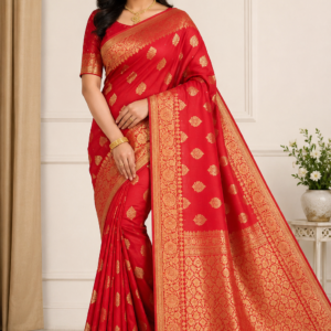 Premium Banarasi Silk Golden Print Saree - Red